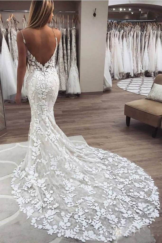 Elegant Mermaid Spaghetti Straps Lace V Neck Ivory Wedding Dresses Bridal Dresses On Sale 0055