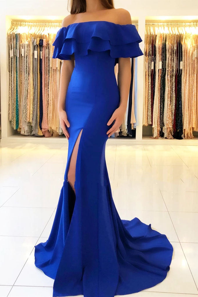 Elegant Off the Shoulder Royal Blue Mermaid Ruffle Sleeve Prom Dresses ...
