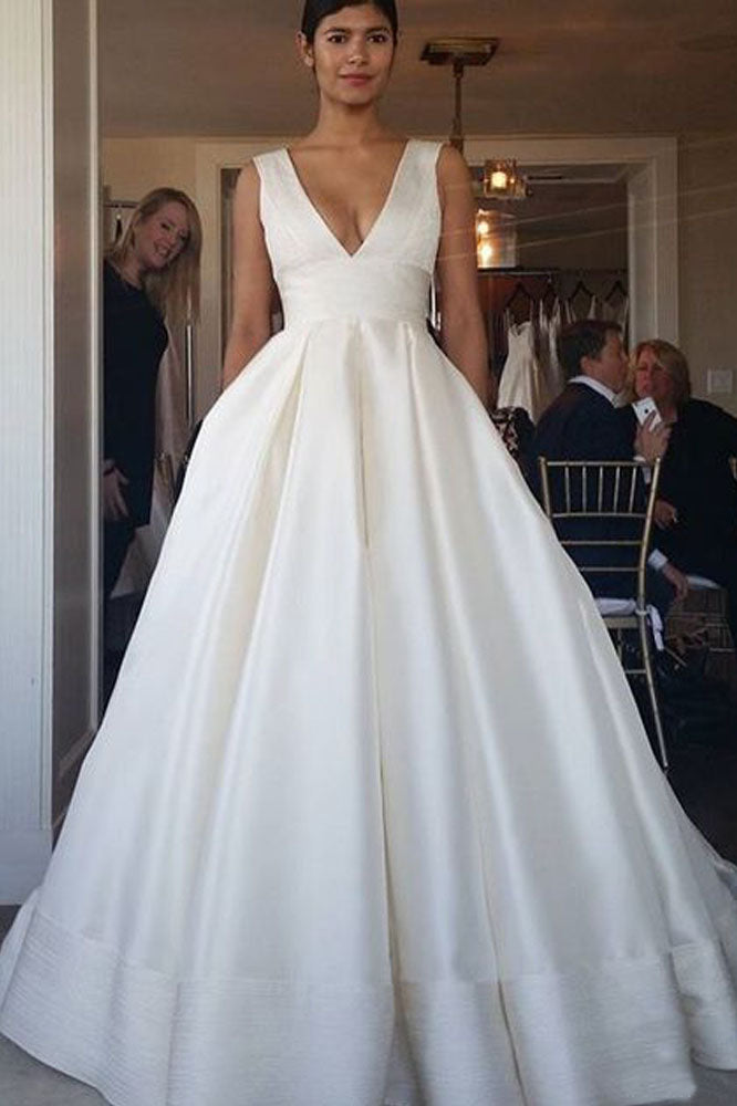 Elegant V Neck Ball Gown Ivory Satin Backless Pockets Wedding Dresses Promdressmeuk 5776