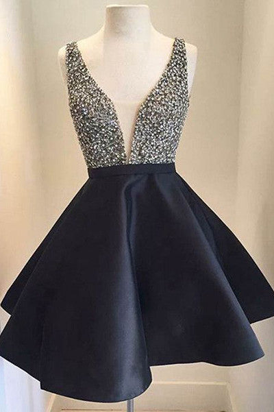 A Line V-Neck Stain Beaded Homecoming Dresses – PromDress.me.uk