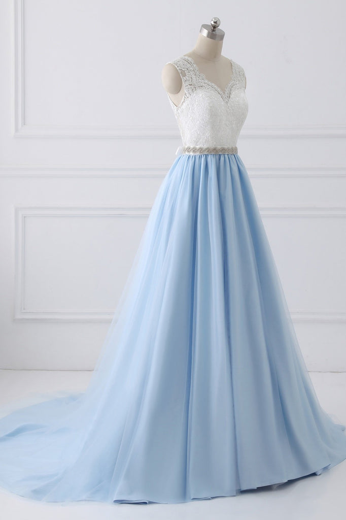 A-Line V-Neck Lace Top Sky Blue Tulle Satin Wedding Dresses with Sash ...