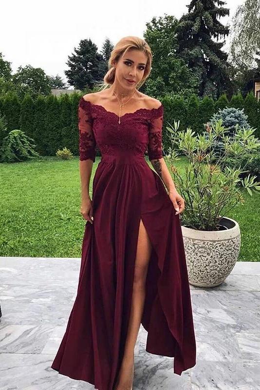 Modest Off The Shoulder Burgundy Bridesmaid Dress With Slitprom Dress Promdressmeuk 