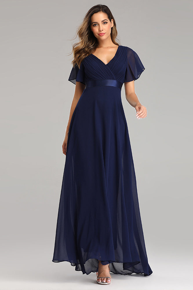 Flowy Chiffon Dark Navy Blue Prom Dress With V Neck Ruffled Sleeve Promdressmeuk