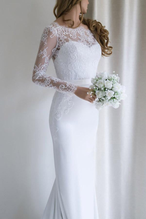 Lace Long Sleeves Mermaid Backless White Long Wedding Dress With Train Promdressmeuk 9537