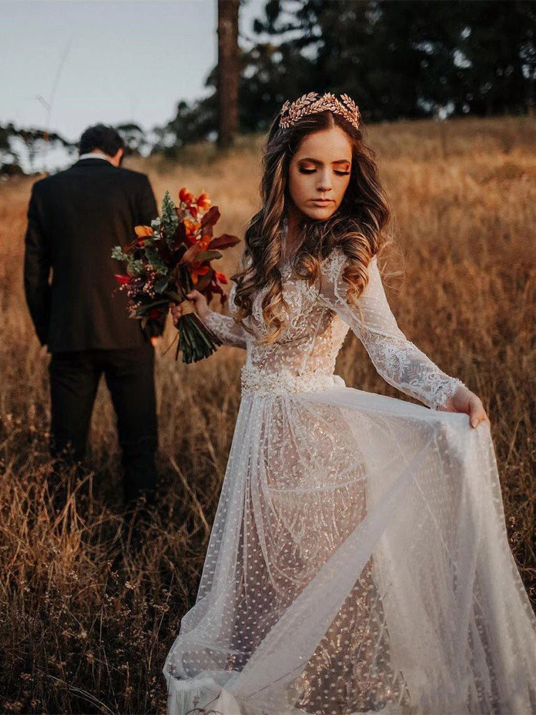 Polka Dot Long Sleeve Boho Wedding Dresses Lace Bohemian Backless Wedding Gowns On Sale 9884