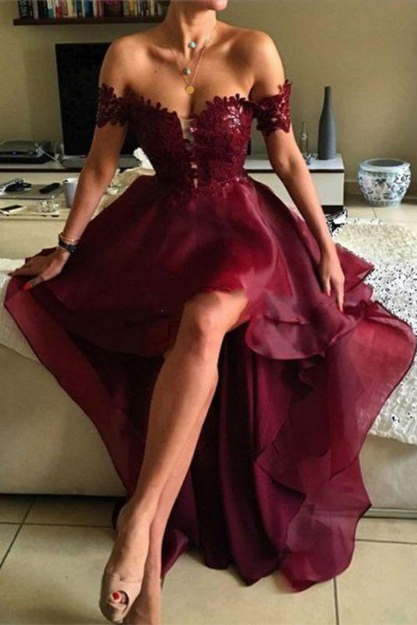 Highlow Prom Dress,Asymmetrical Prom Dresses, Appliques Lace Backless