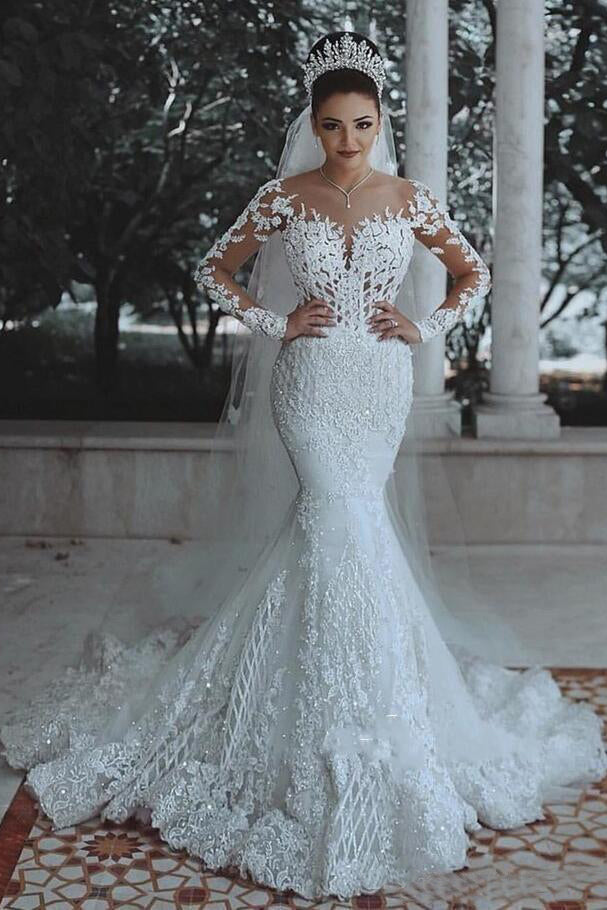 Long Sleeve Lace Wedding Dress Mermaid Beads Lace Appliques Wedding Gowns On Sale Promdressmeuk