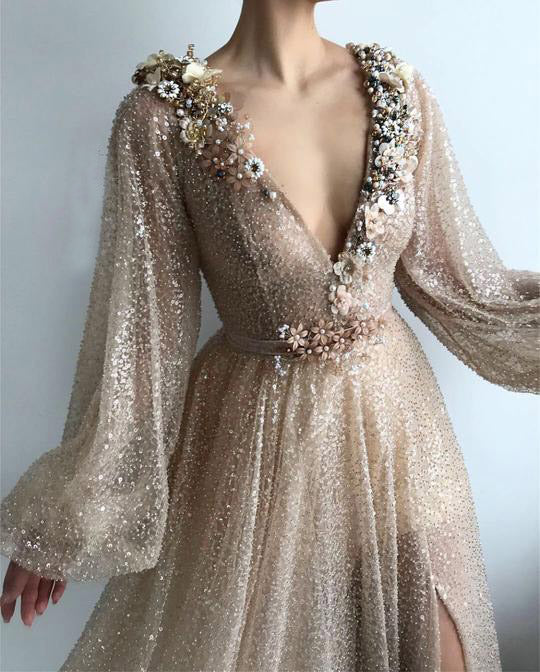Long Sleeve Sequin V Neck Prom Dresses with Split Handmade Flowers ...