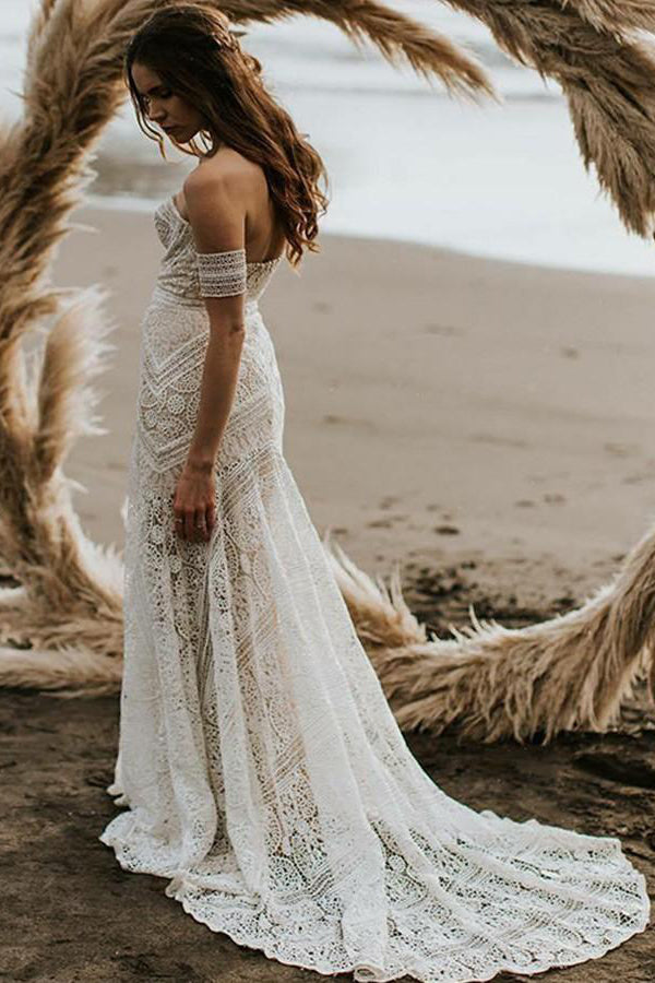 Unique Mermaid Off The Shoulder Straps Ivory Lace Beach Wedding Dress
