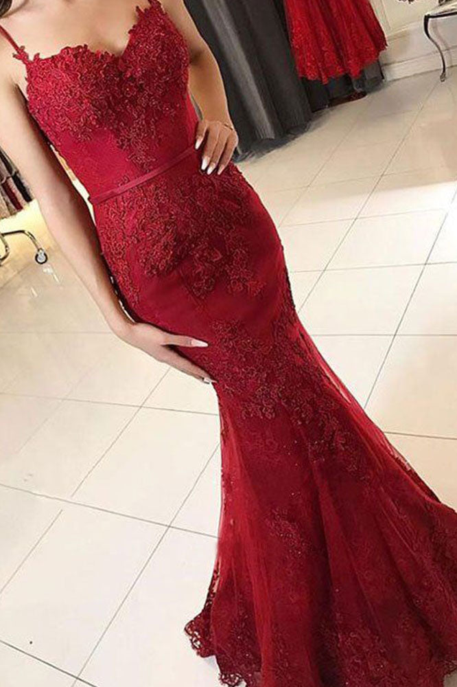 Mermaid Spaghetti Straps Burgundy Lace Appliques Prom Dresses Long 5233