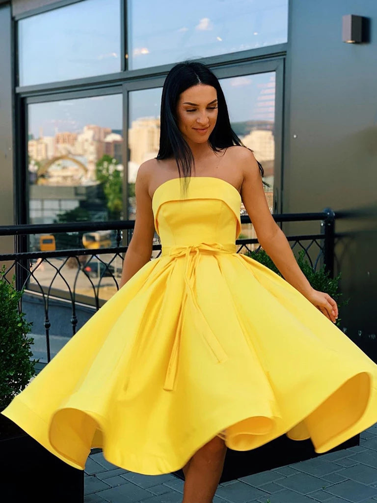 Simple Strapless Yellow Satin Ball Gown Short Homecoming Dresses Promdressmeuk 1963