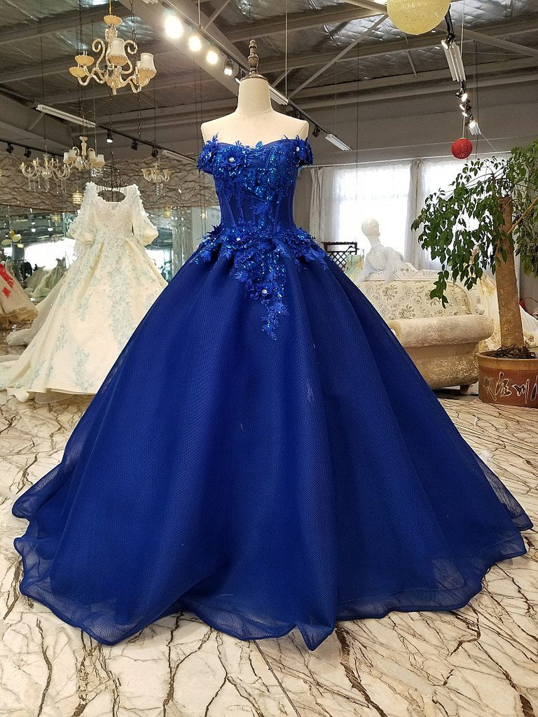 Off Shoulder Royal Blue Evening Dresses with 3D Floral Lace Ball Gown ...