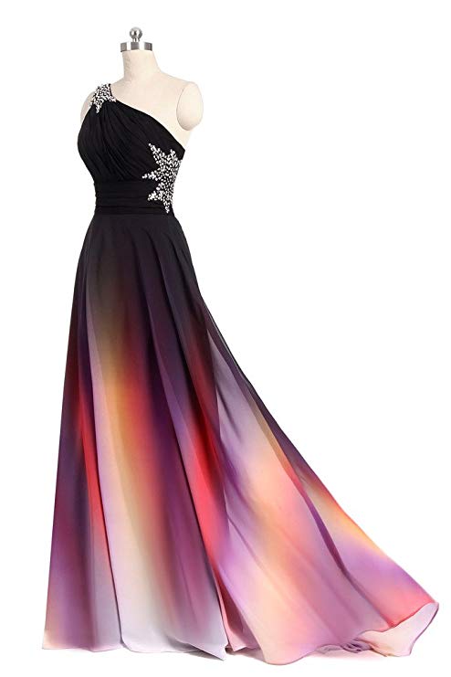 One Shoulder Ombre Chiffon Prom Dresses Lace Up A Line Beads Ruffles Prom Gowns On Sale 9142