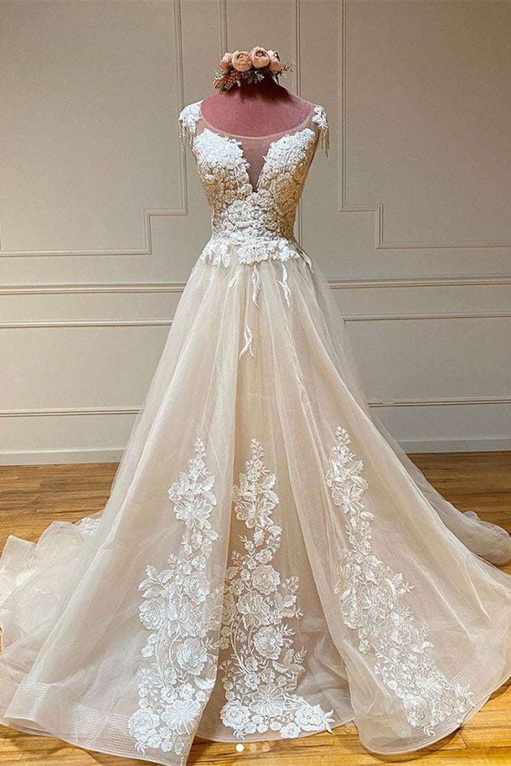 Gorgeous A Line Sleeveless Tulle Lace Long Wedding Dresses – PromDress ...