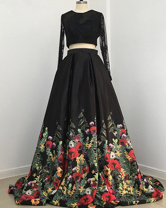 A line Two Piece Black Long Sleeve Prom Dress With Floral Print Skirt