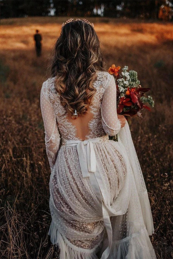 Polka Dot Long Sleeve Boho Wedding Dresses Lace Bohemian Backless Wedding Gowns On Sale 7533