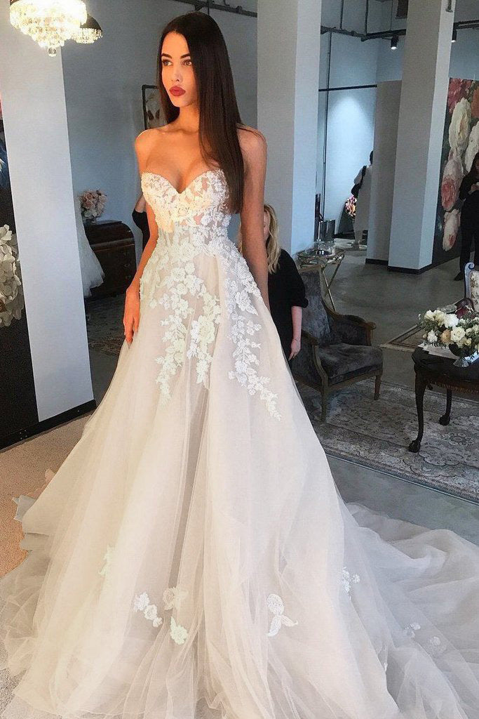 Princess A Line Sweetheart Tulle Lace Applique Ivory Wedding Dress Long Bridal Dresses On Sale 1746