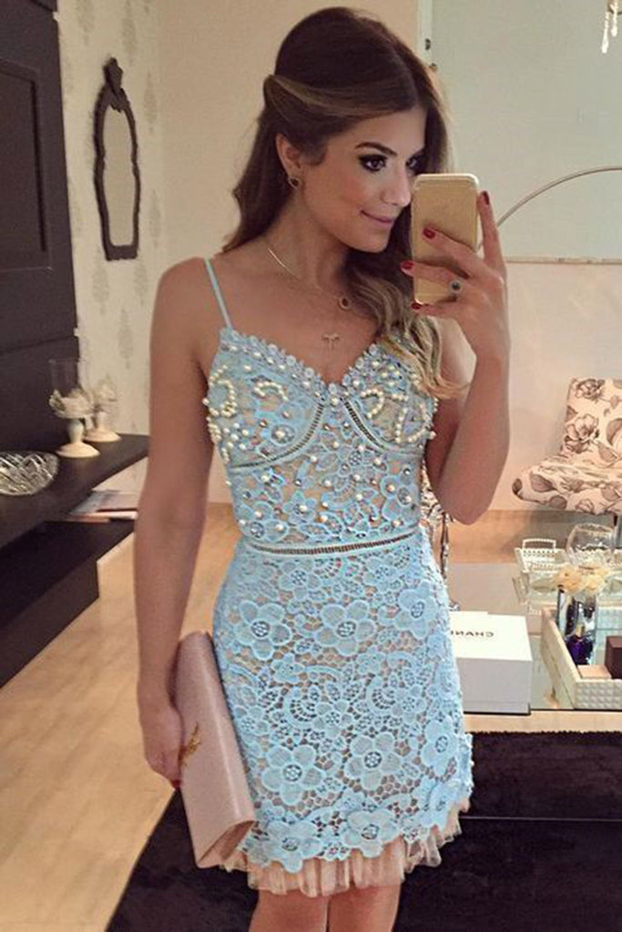 Light blue lace V-neck beading short 