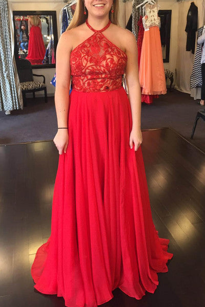 A Line Halter Red Chiffon Lace Prom Dress – PromDress.me.uk