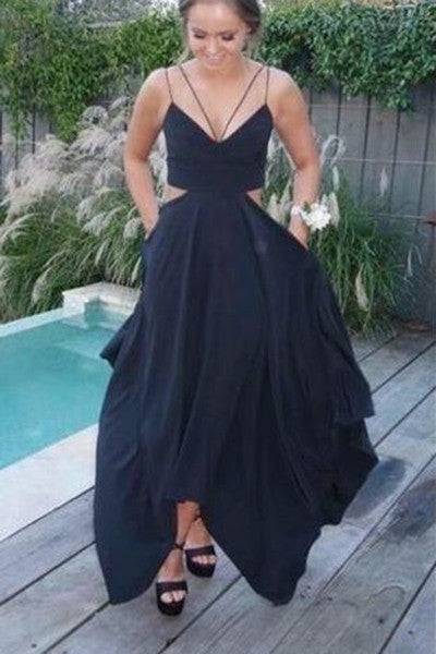 Sexy Black Chiffon V Neck Spaghetti Straps Long Prom Dresses Promdressmeuk 9217