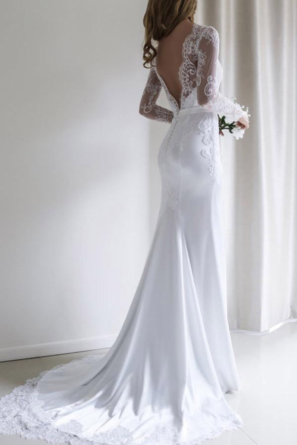 Lace Long Sleeves Mermaid Backless White Long Wedding Dress With Train Promdressmeuk 5467
