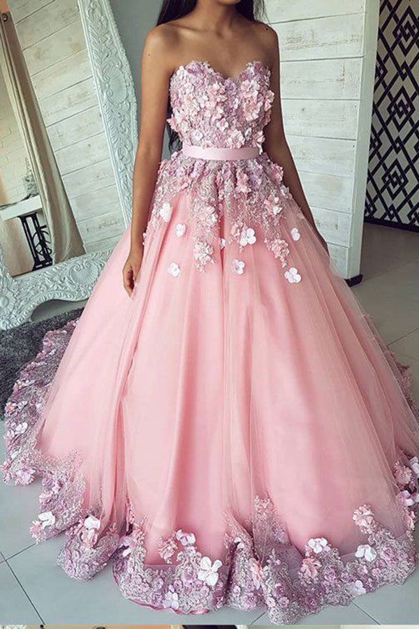 Ball Gown Pink Tulle Lace Applique Long Sweetheart Strapless Prom ...