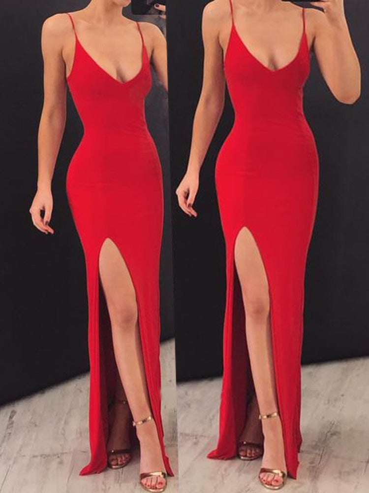 Sexy Mermaid Spaghetti Straps V Neck Red Side Slit Satin Long Prom Dresses On Sale Promdressmeuk 7092