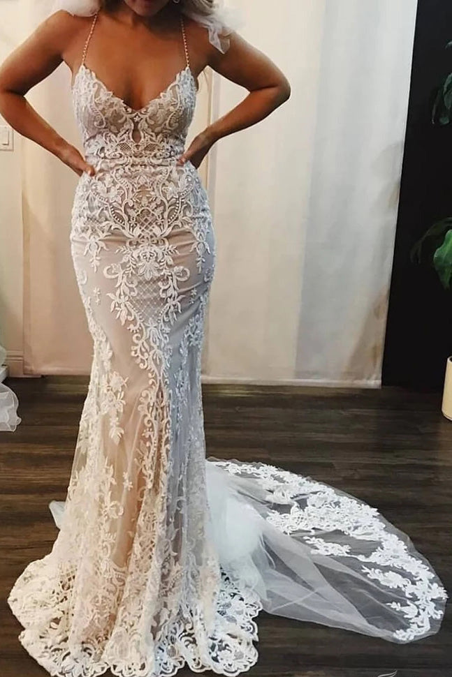 Sexy Spaghetti Straps Mermaid Lace Appliques V Neck Wedding Dresses Promdressmeuk 3190