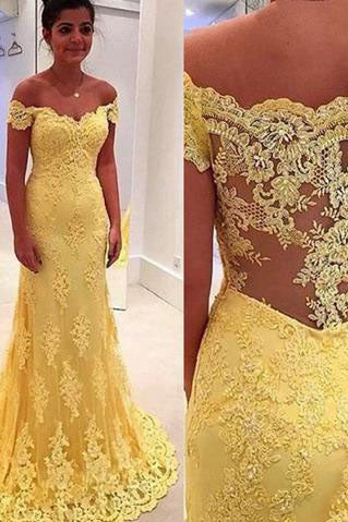 prom dress shoulder dresses lace yellow mermaid elegant train sheath evening sweep gorgeous appliques plus tan illusion side simple cheap