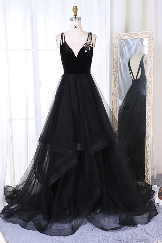 Prom Dresses UK,New Arrival A-Line V-Neck Black Velvet Up Tulle Long ...