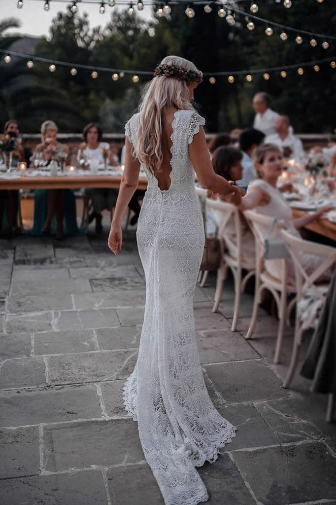 Vintage Backless Lace Boho Mermaid Wedding Dresses Cap Sleeve Bohemian