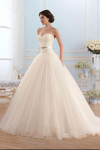 White Tulle Sweetheart Strapless Open Back Ball Gown Wedding Dress ...