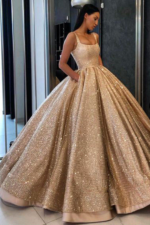 Ball Gown Prom Dress with Pockets Beads Sequins FloorLength Gold
