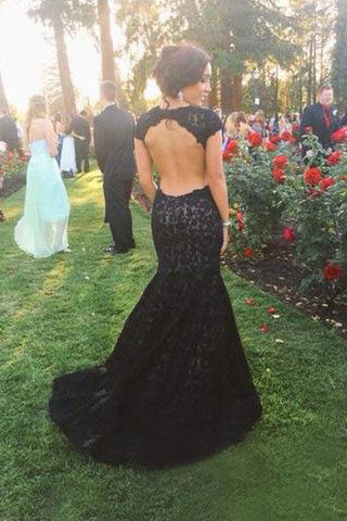 New Backless Lace Black Prom Dress Open Back Mermaid Cap Sleeved ...