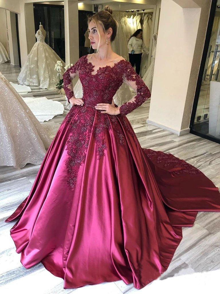 Ball Gown Long Sleeves Burgundy Beads Satin Prom Dress with Appliques ...