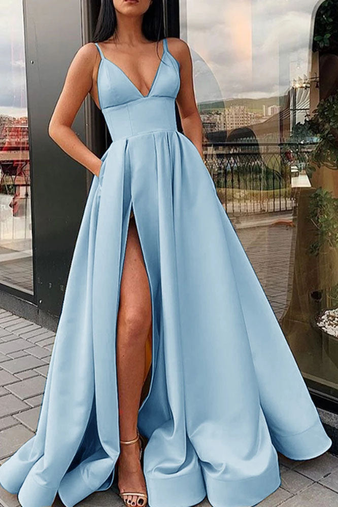 Simple A Line Yellow Spaghetti Straps Satin Prom Dresses with Slit ...