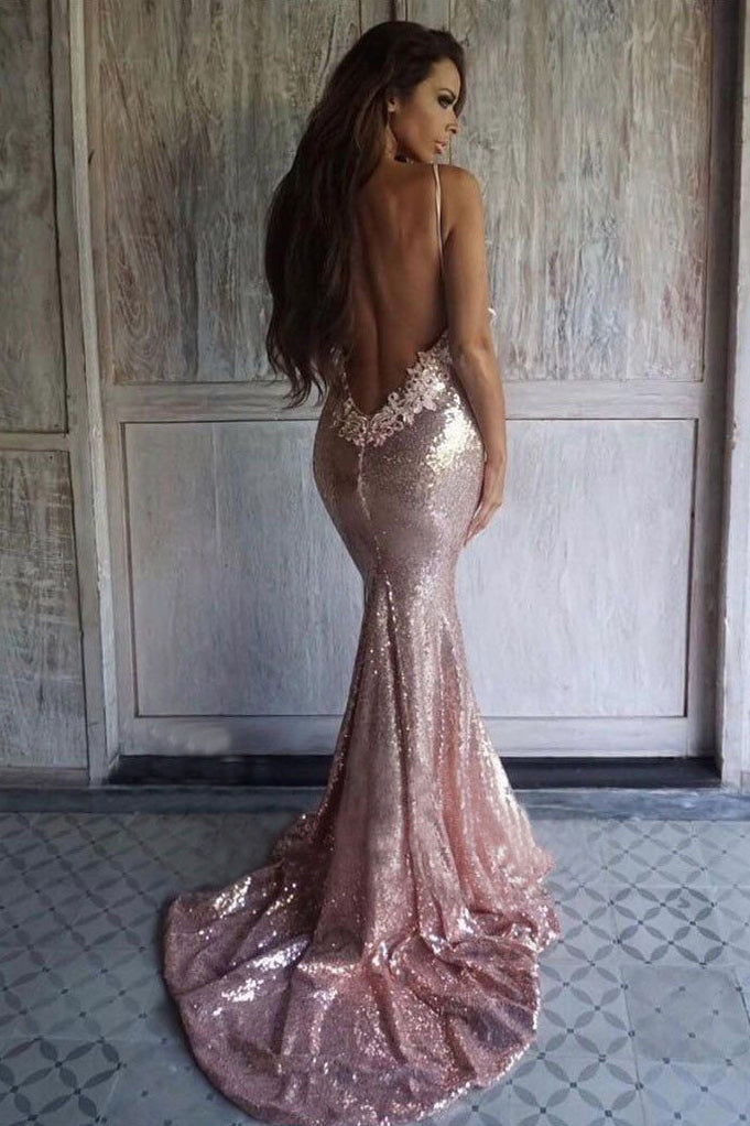 Sexy Rose Gold Sequins Mermaid Spaghetti Straps Backless Prom Dresses Promdressmeuk 5699