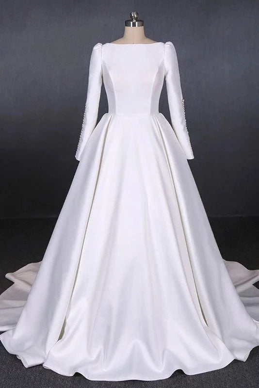 Ball Gown Long Sleeve White Satin Long Simple Wedding Dresses