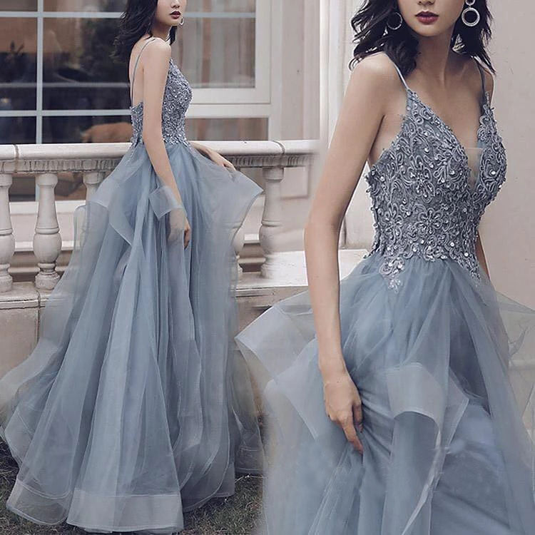 Spaghetti Straps Blue Gray V Neck Ruffles Lace Applique Prom Dresses Promdressmeuk 7197