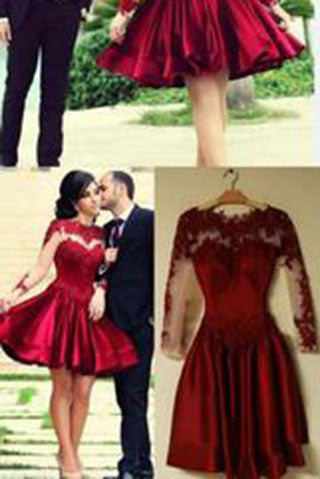 Burgundy Short Prom Dress Ball Gown High Neckline With Long Sleeves ...