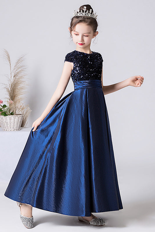Pretty A Line Dark Blue Sequins Short Sleeve Flower Girl Dress ...