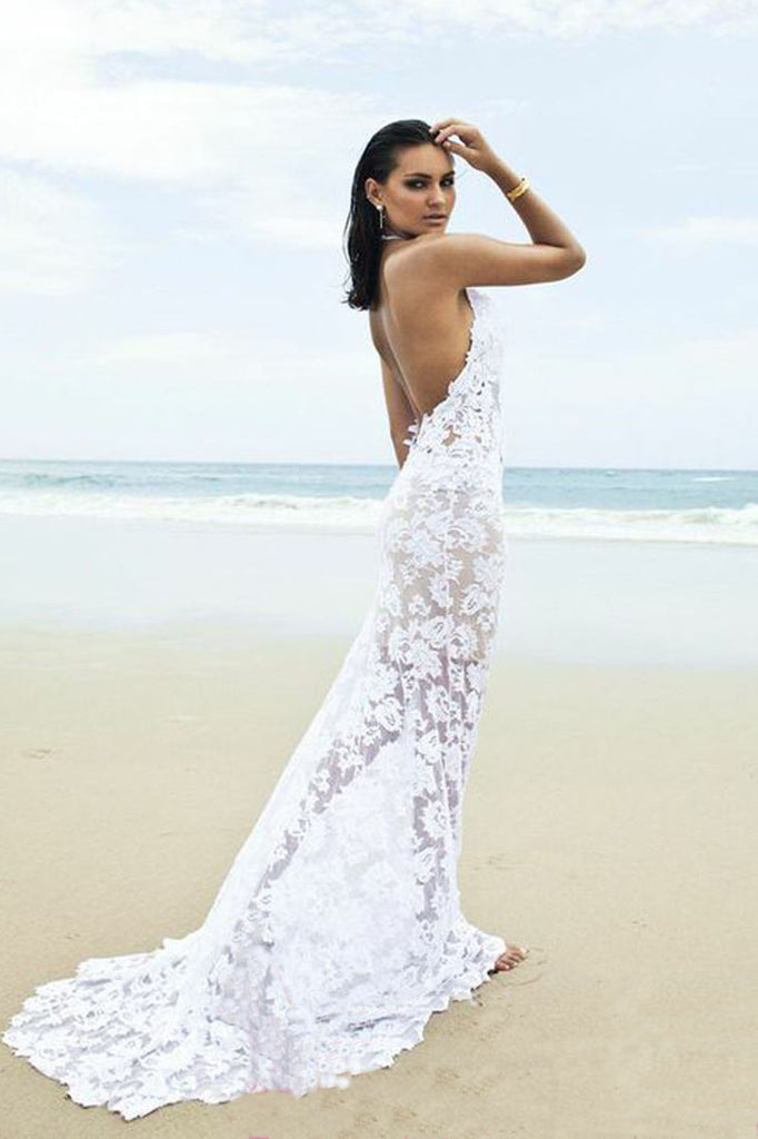 Backless Mermaid Lace White Open Back Halter V Neck Wedding