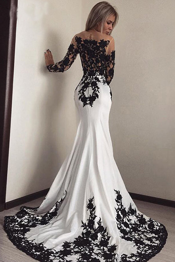 Prom Dresses uk,White Black Lace Appliques Mermaid Long Sleeves Satin