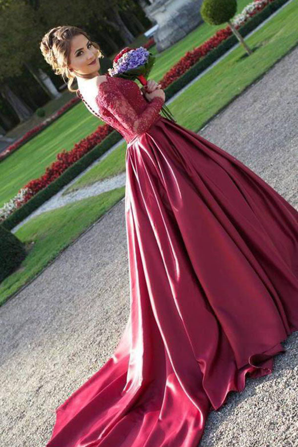 Prom Dresses uk,Long Sleeves Off the Shoulder Burgundy Satin Ball Gown ...