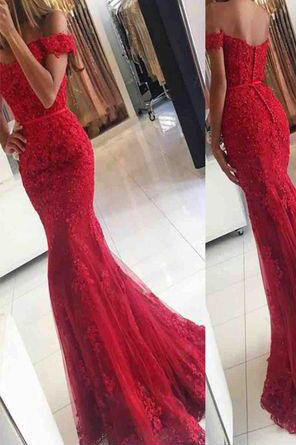 Sexy Mermaid Red Off Shoulder Lace Prom Dress Evening Dress – PromDress ...