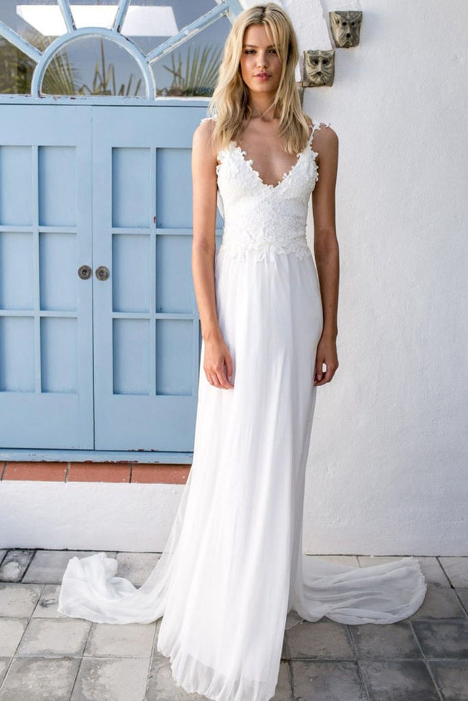 Boho Vneck ALine White Lace Chiffon Summer Beach Wedding Dress