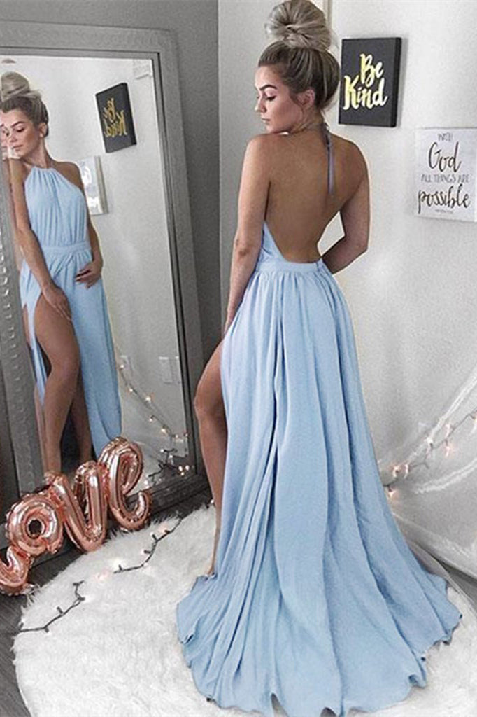 Sexy A Line Halte Backless Blue With Slit Chiffon Prom Dresses Uk Promdress Me Uk