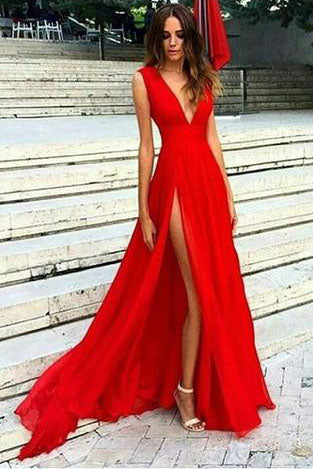 Sexy Slit Evening Dress,V-neckline Red 
