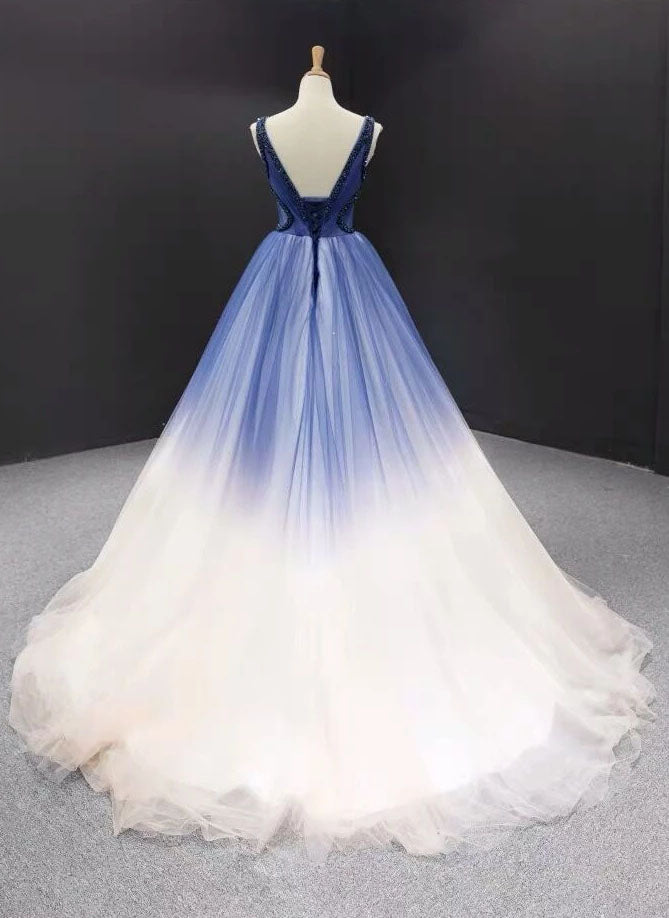 Ball Gown Ombre V Neck Tulle Royal Blue Prom Dress, Quinceanera Dress ...