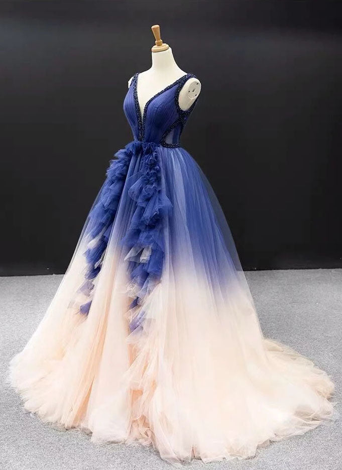 Ball Gown Ombre V Neck Tulle Royal Blue Prom Dress, Quinceanera Dress ...